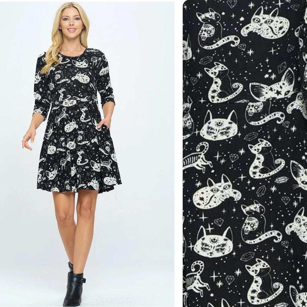 Crystal Cats Print 3/4 Sleeves Sweater Dress With Pockets